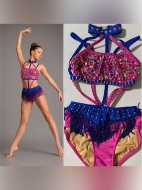 Glamour competition solo jazz contemporary, dance costume blue pink fringe LC